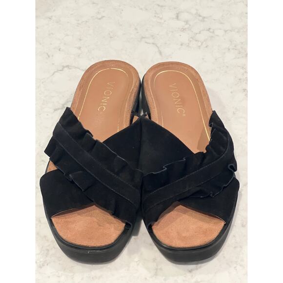 Vionic Women’s Azalea  Ruffled Criss Cross Comfort Slide Sandal Size 6.5 Black - Picture 1 of 5